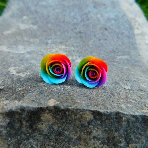 Rainbow Rose Stud Earrings Rainbow Earrings Rainbow Flower Roses Jewelry Gift for Her Colorful Earrings
