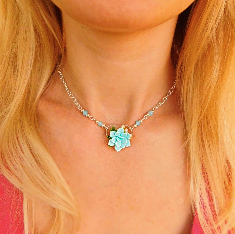 Succulent choker Bridesmaid gift|for|her Succulent jewelry Chain choker Bridesmaid necklace Blue jewelry Floral Womens jewelry gift