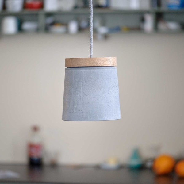 Concrete hanging lamp with oak wood, textile cable - Pendant lamp with cement lampshade and solid oak wood - Erik Scandinavian design