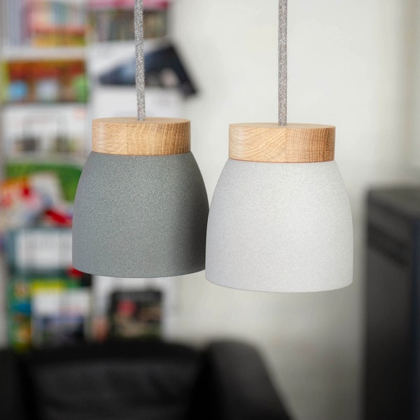 Ceramic hanging lamp light gray / dark gray - Pendant lamp - Textile cable - Oak wood - LED - Dining table - Counter - Work table - E14