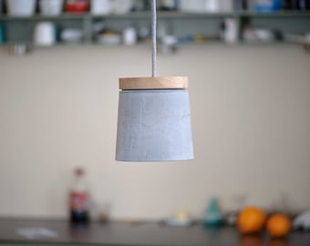 Concrete hanging lamp with oak wood, textile cable - Pendant lamp with cement lampshade and solid oak wood - Erik Scandinavian design