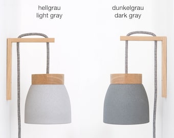 Keramik Wandlampe hellgrau / dunkelgrau - höhenverstellbar - Textilkabel - Schnurschalter - Eichenholzwinkel - Nachttisch - US/UK Plug - E14