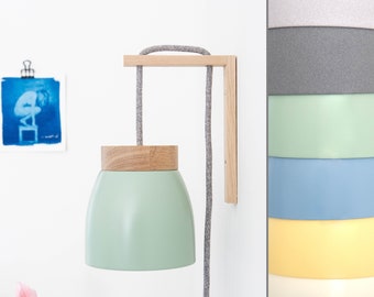 Ceramic wall lamp - textile cable - cord switch - oak wood bracket - bedside - US/UK plug - E14 - plug in wall sconce