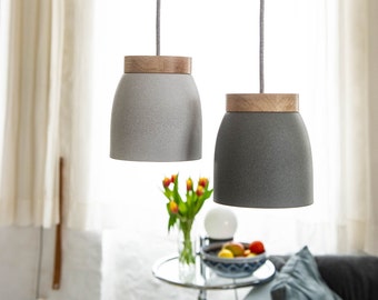 Ceramic hanging lamp light or dark gray - Pendant lamp - Textile cable - Oak wood - LED - Dining table - Counter - Work table