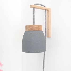 Ceramic wall lamp light gray / dark gray textile cable cord switch oak wood bracket bedside US/UK plug E14 plug in wall sconce image 5