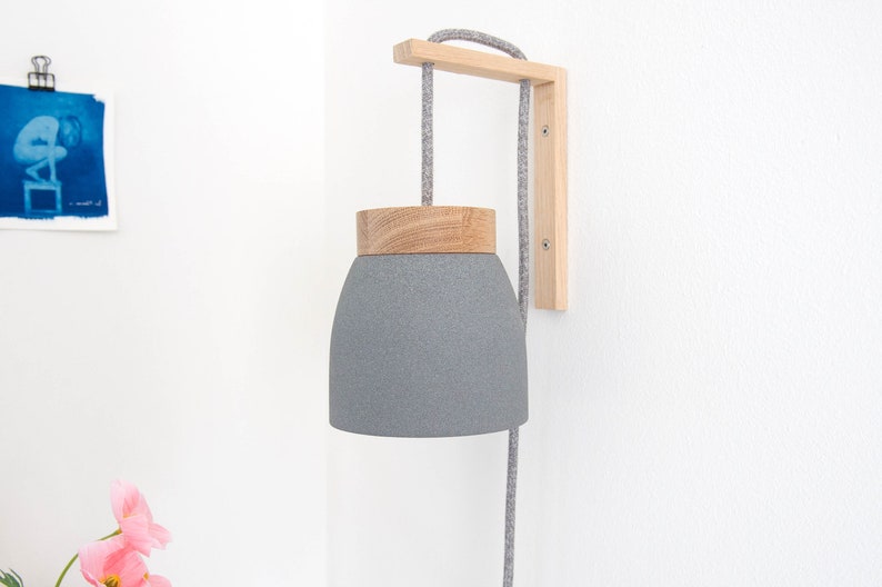 Ceramic wall lamp light gray / dark gray textile cable cord switch oak wood bracket bedside US/UK plug E14 plug in wall sconce image 5