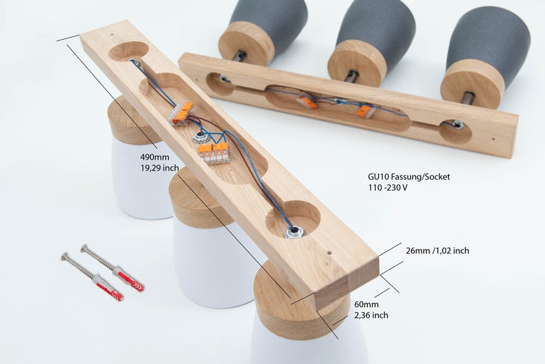Spotleiste, 3er Spotleiste aus massivem Eichenholz mit Keramikschirm, GU 10 Fassungen perfekt gerichtetes Licht da wo du es brauchst. Bild 8