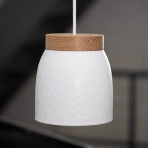 Ceramic hanging lamp white Pendant lamp Textile cable Oak wood LED Dining table Counter Work table Hammered Relief image 3