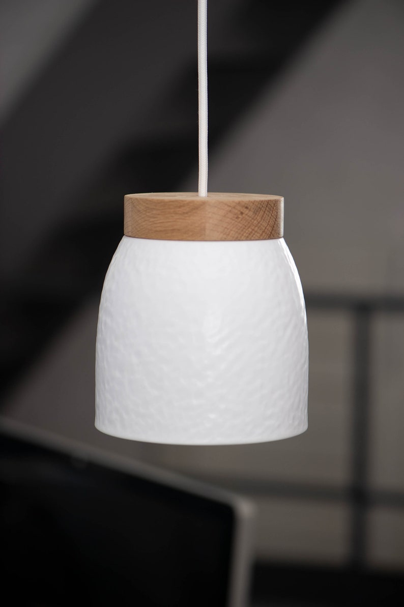 Ceramic hanging lamp white Pendant lamp Textile cable Oak wood LED Dining table Counter Work table Hammered Relief image 3