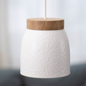 Ceramic hanging lamp white Pendant lamp Textile cable Oak wood LED Dining table Counter Work table Hammered Relief image 6