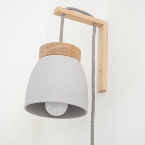 Ceramic wall lamp light gray / dark gray textile cable cord switch oak wood bracket bedside US/UK plug E14 plug in wall sconce image 3