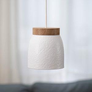 Ceramic hanging lamp white Pendant lamp Textile cable Oak wood LED Dining table Counter Work table Hammered Relief image 1