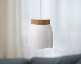 Ceramic hanging lamp white - Pendant lamp - Textile cable - Oak wood - LED - Dining table - Counter - Work table - Hammered - Relief