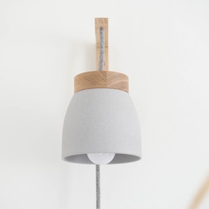 Ceramic wall lamp light gray / dark gray textile cable cord switch oak wood bracket bedside US/UK plug E14 plug in wall sconce image 6