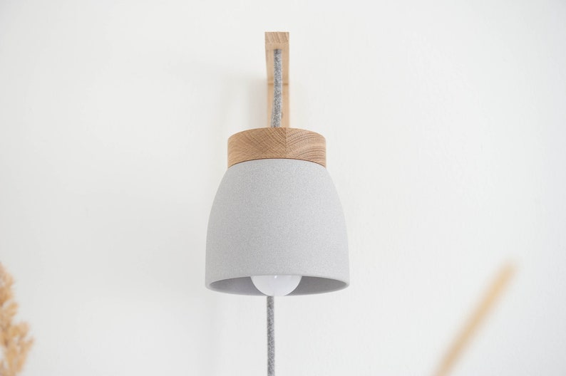 Ceramic wall lamp light gray / dark gray textile cable cord switch oak wood bracket bedside US/UK plug E14 plug in wall sconce image 6