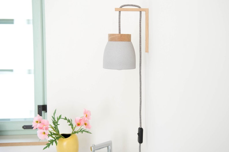 Ceramic wall lamp light gray / dark gray textile cable cord switch oak wood bracket bedside US/UK plug E14 plug in wall sconce image 2