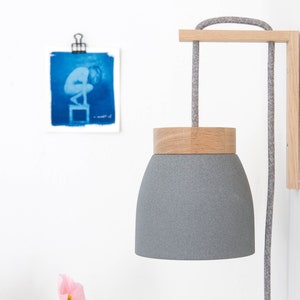 Ceramic wall lamp light gray / dark gray textile cable cord switch oak wood bracket bedside US/UK plug E14 plug in wall sconce image 1