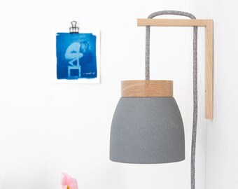 Ceramic wall lamp light gray / dark gray - textile cable - cord switch - oak wood bracket - bedside - US/UK plug - E14 - plug in wall sconce