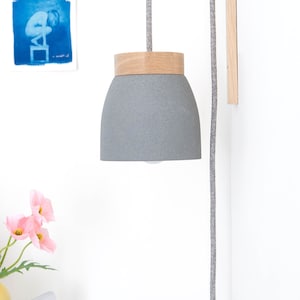 Ceramic wall lamp light gray / dark gray textile cable cord switch oak wood bracket bedside US/UK plug E14 plug in wall sconce image 7