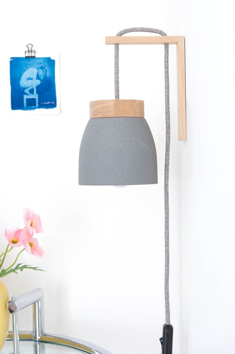 Ceramic wall lamp light gray / dark gray textile cable cord switch oak wood bracket bedside US/UK plug E14 plug in wall sconce image 7