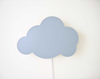 May include: A light blue cloud-shaped wall lamp with a white cord.