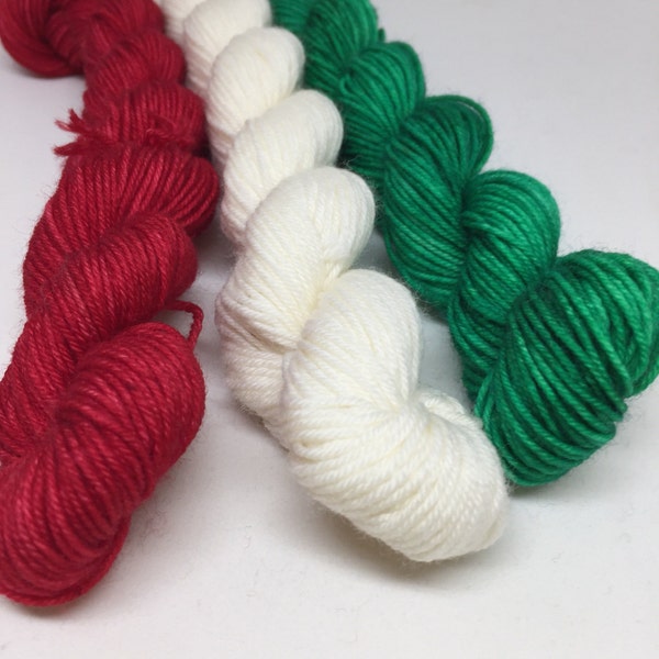 Indie dyed merino sock yarn dyed in Christmas colors, 3 20 gram mini skeins, Christmas mini skeins in sock weight and tonal