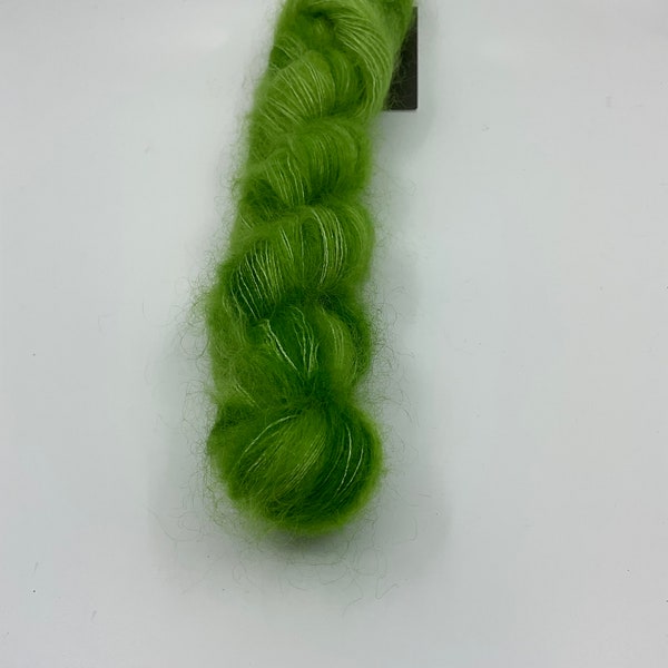 1 skein of of mohair and silk in lace weight hand dyed in green apple, mohair yarn that is hand dyed in green, Granny Smith SALE price