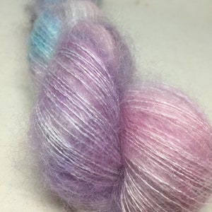 Sale hand dyed yarn in  mohair and silk in lace weight, pink, grey and blue mohair silk yarn, Unicorn yarn