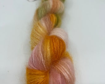 1 skein of of mohair and silk in lace weight hand dyed in green, pink and orange, mohair yarn that is hand dyed in citrus colors SALE price