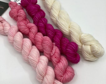 Pink mini skeins that are hand dyed 4 skein bundle