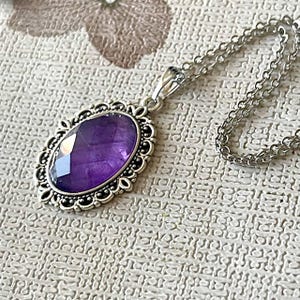 Amethyst Antique Silver Necklace, Gemstone Pendant Brass Necklace, Unique Gift For Her, Amethyst Charm, Vintage Handmade Jewelry For Women
