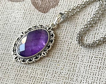 Amethyst Pendant Necklace, Antique Silver Brass, Handmade Jewelry