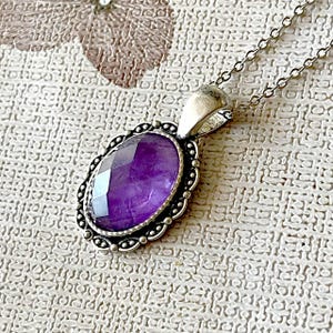 Amethyst Antique Silver Necklace, Gemstone Pendant Brass Necklace, Unique Gift For Her, Amethyst Charm, Vintage Handmade Jewelry For Women