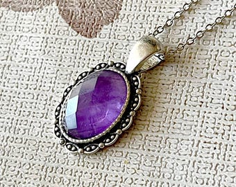 Amethyst Pendant Necklace, Antique Silver Brass Setting, Vintage Style