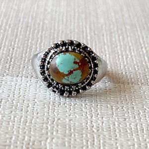 Vintage Turquoise Ring, Fixed Size, Antique Silver Brass, Vintage Style