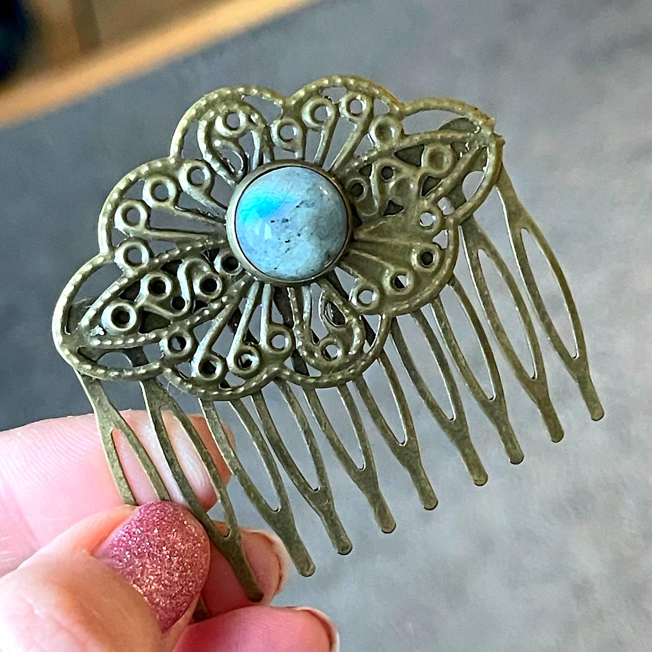 Vintage Labradorite Hair Comb, Bronze Filigree Cabochon - Etsy display picture 3
