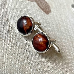 Red Tiger Eye Cufflinks, Classic Red Cufflinks, Gemstone Cufflinks For Men, Silver Brass Cufflinks, Gift For Him, Shirt Cuff Groom Groomsmen