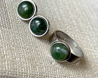 Moss Agate RVS Set, Moss Agate Oorbellen, Moss Agate Ring, Stud Oorbellen, Boho, Vrouwen Cadeau, Edelsteen set