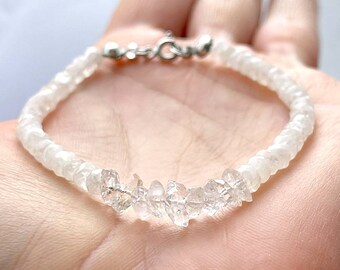 Herkimer Diamond Moonstone Bracelet AG925 RH Plated, Sterling Silver, Tiny Bracelet, Gemstone Bracelet, Rondelle Beads, Diamond Bracelet