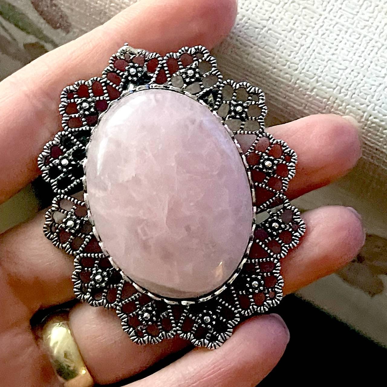 Broche Florale En Argent 925 Avec Quartz Rose - Bijou D'occasion, Style Vintage