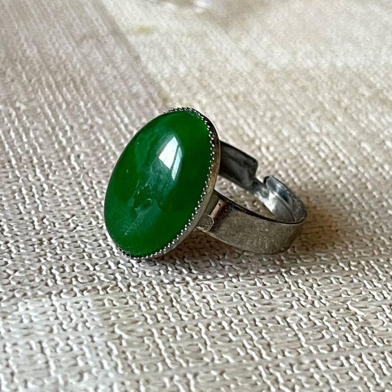 Bague en acier avec jade vert, bague en acier inoxydable avec