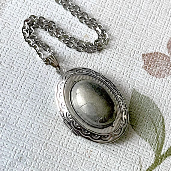 Antique Silver Pyrite Locket Necklace, Gemstone Photo Medallion