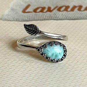 Leaf Sterling Silver Teardrop Natural Larimar Ring Gemstone 925 Adjustable Band, Larimar Ring, Antique Silver Ring, Tear, Larimar Teardrop
