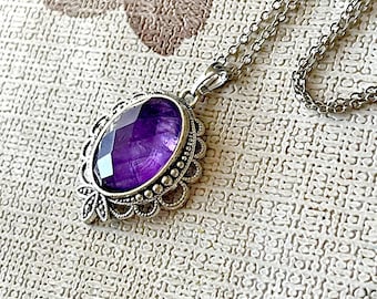 Antique Silver Amethyst Pendant Necklace, Vintage Brass Charm