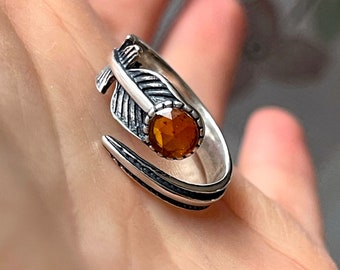 Leaf Sterling Silver Feather Natural Orange Kyanite Ring Gemstone 925 Adjustable Band, Faceted Kyanite, Vintage Ring, Kyanite ring, Bohemian