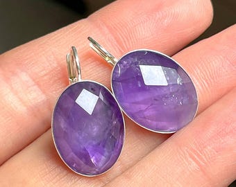 Orecchini in argento sterling con ametista sfaccettata, eleganti gioielli con pietre preziose