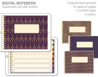 Digital notebook, 7 tabs, horizontal, warm colors