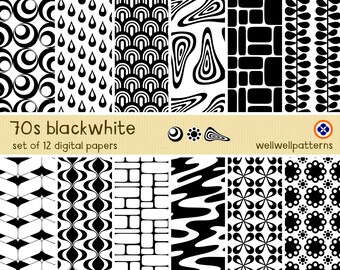 Digital paper pack, 70s black white retro pattern, commercial use