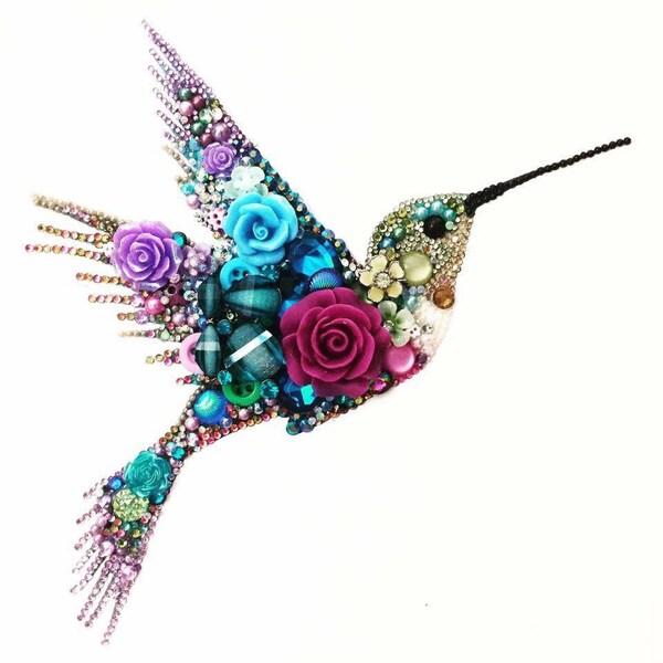 Sparkling Hummingbird button art framed wall hanging made to order