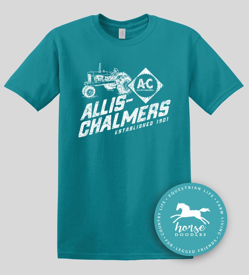 May include: Teal t-shirt featuring a white graphic of a tractor and the text "ALLIS-CHALMERS ESTABLISHED 1901". A circular logo with a horse graphic and the text "horse doodles" is on the bottom right.